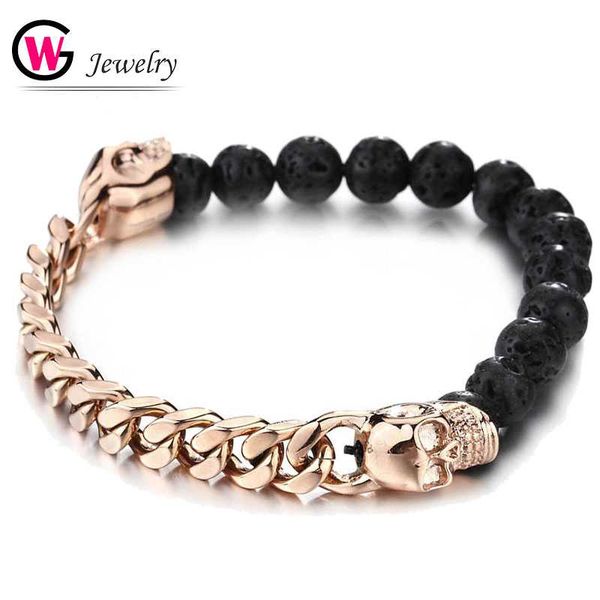 

new 2020 женщины мужчины браслет череп из нержавеющей стали черного матового бисера природного камень мужского браслет шарма цепи мужские юв, Black