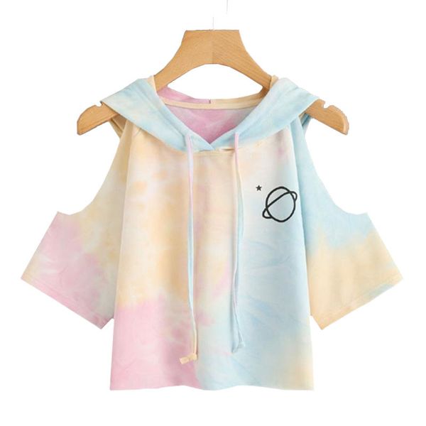 

open shoulder water color hooded tee shirt multicolor 3/4 sleeve tie dye women drawsting casual crop t shirt 2020 grnshts, White