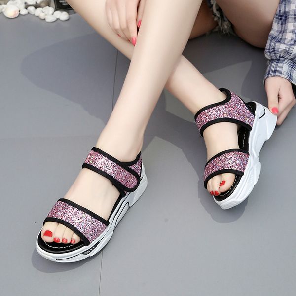 

women's sequins comfortable glitter wedges medium heel sandals women's sandals shoes, Black