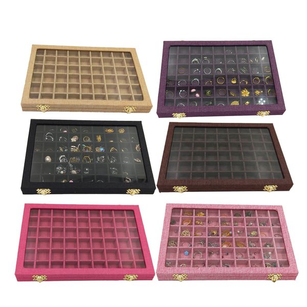 

line box 54 grids clear glass lid rings holder showcase jewelry packaging organizer jewelry box for earrings necklaces bracelets t200808, Black;white