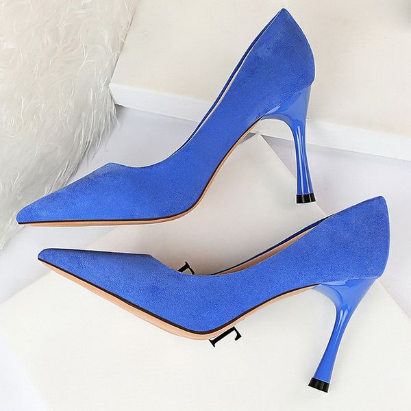

2020 women valentine 8.5cm high heels suede pumps lady scarpins medium heels wedding pointed toe blue yellow escarpins shoes, Black