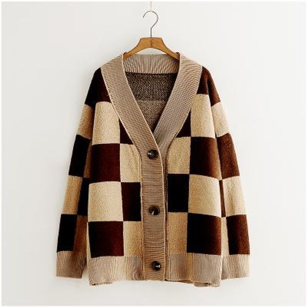 

autumn 2018 print plaid knitted sweater women cardigan big size spring loose knitwear coat women knitting female cardigans, White;black