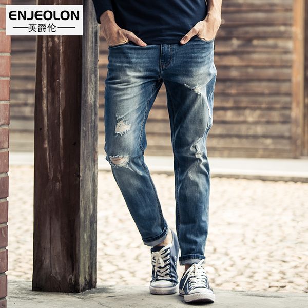 

enjeolon brand jeans men long full length trousers pants slim straight jeans males hole solid pants nz026, Blue