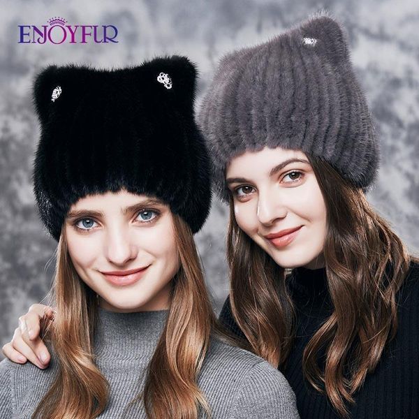 

enjoyfur natural mink fur hats for women cute cat ear thick winter hat female fashion with rhinestones knitted beanies y200102, Blue;gray