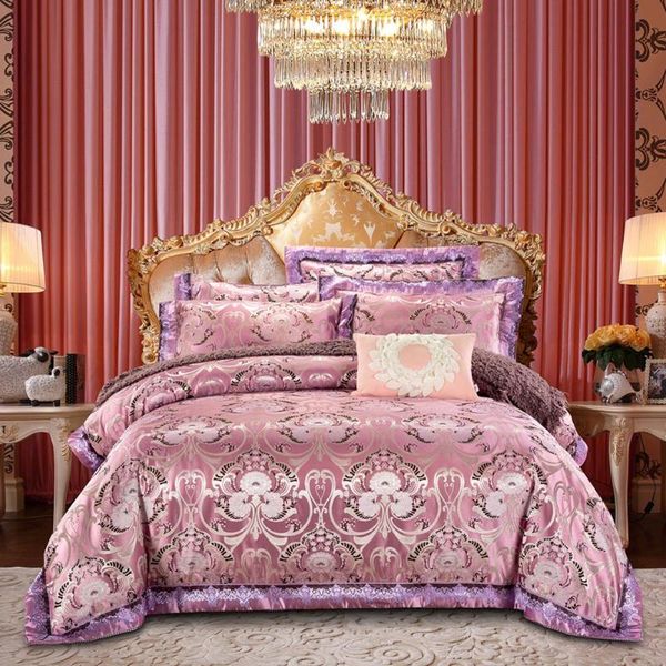

bedding sets papa&mima pink purple european flowers jacquard wedding king  size satin linens sheet duvet cover pillow sham