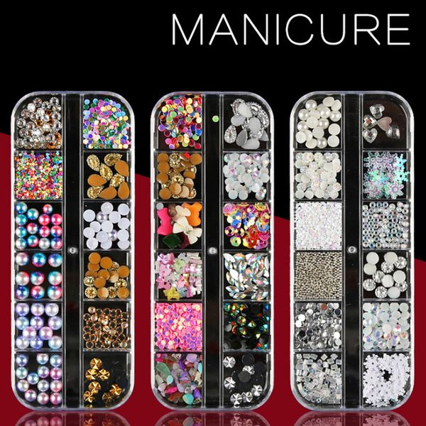 

12 different styles diy nail art decoration different shapes transparent diamond multi-size tips mixed 12 grid nail accessories, Silver;gold