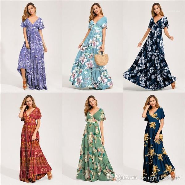 

short floral print beach holidday designer style female clothing v neck womens summer maxi dresses, Black;gray