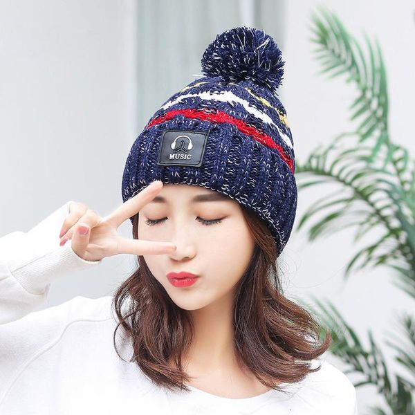 

hairball beanie hat women winter warm knitted earmuff wool hemming hat striped thick female skullies beanie ski cap, Blue;gray