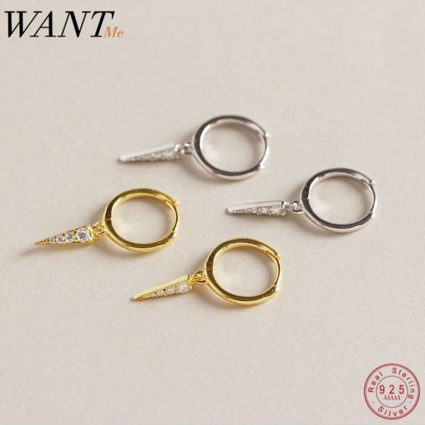 

wantme genuine 100% 925 sterling silver jewelry minimalist triangle pave crystal zircon dangle tassel stud earrings for women, Golden;silver
