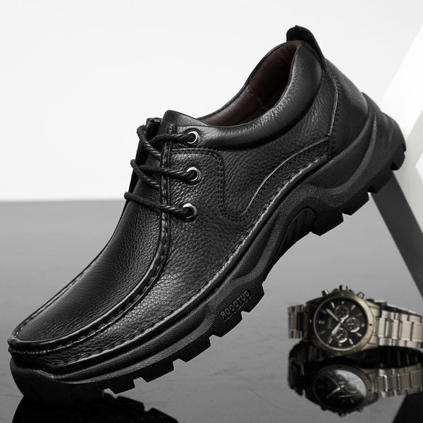 

men's casual shoes lace up breathable fashion men's low to help thick-soled shoes men genuine leather apatos de hombre, Black
