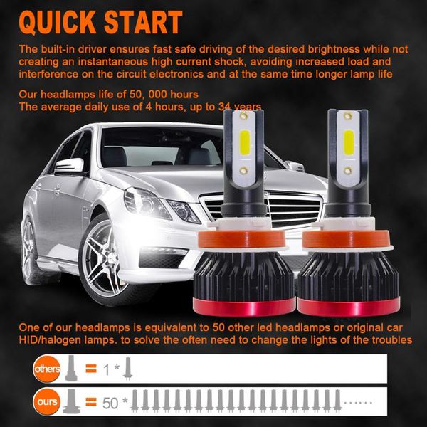 

carprie car light new 2pcs h8/h9/h11 ev7 car front led bright headlights bulbs kit 200w 22000lm 6000k 9719