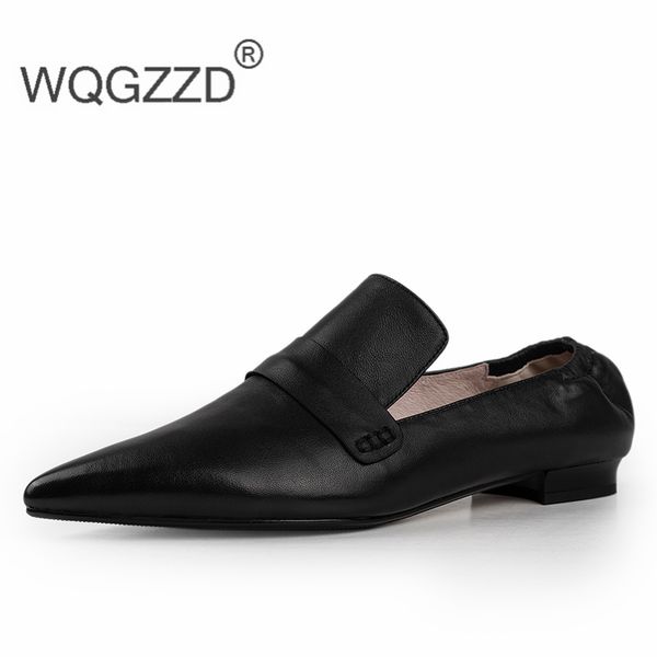 

point toe shoes woman genuine leather loafers casual flat shoes women zapatos de mujer, Black
