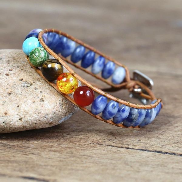 

charm bracelets women men 7 chakra stone leather bracelet yoga healing reiki blue dot beaded string wrap handmade jewelry, Golden;silver