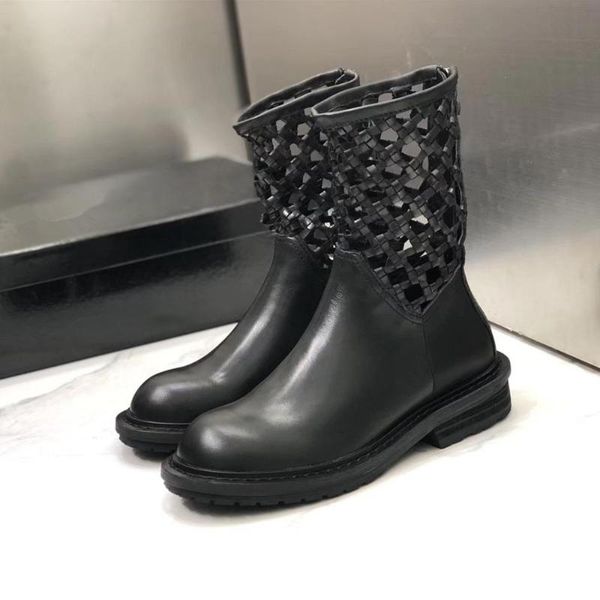 

women shoes calf boots genuine cow leather women shoes round toe square low heels zip boots zapatos de mujer, Black