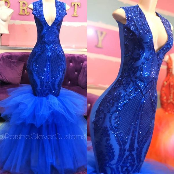 

2020 Sparkly Sexy Mermaid Prom Dresses V Neck Backless Royal Blue Tiered Ruffles Evening Gowns African Celebrity Dress