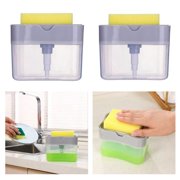

2x empty soap pump dispenser with sponge holder for kitchen dish washing