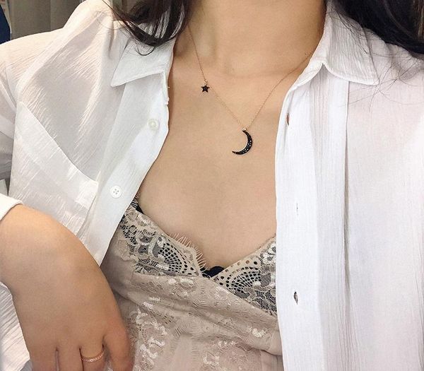 

designer design black moon and the stars pendant necklace female temperament korean chic simple personality all-match net red clavicle11, Silver