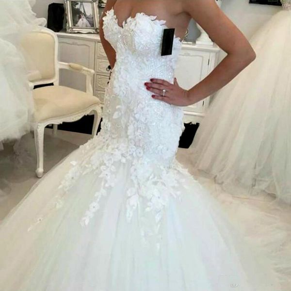 

lace tulle mermaid wedding dresses 2020 appliques sweetheart bride dresses elegant wedding gowns custom made puffy down, White