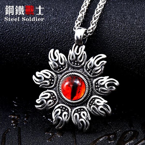 

steel soldier punk fire design style rock charm pendant necklace with red stone jewelry stainless steel, Silver