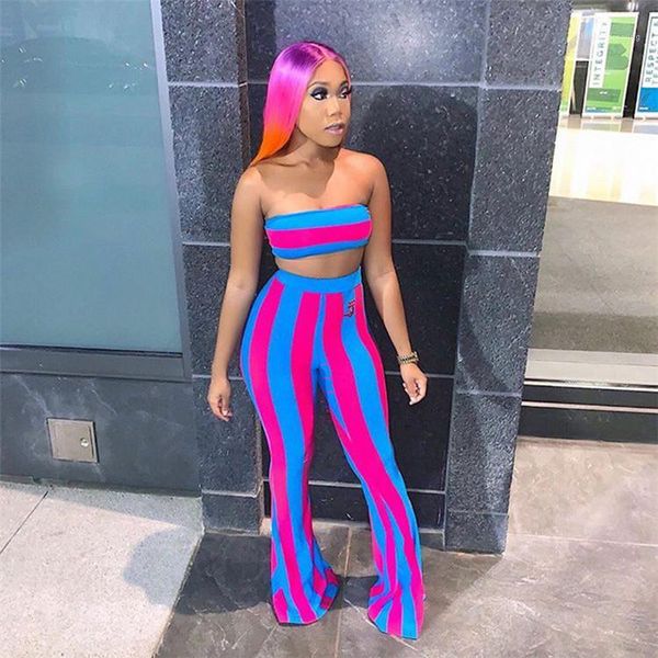 

desigenr clothes striped women two piece outfits strapless flare pants fashion two piece sets women, Gray