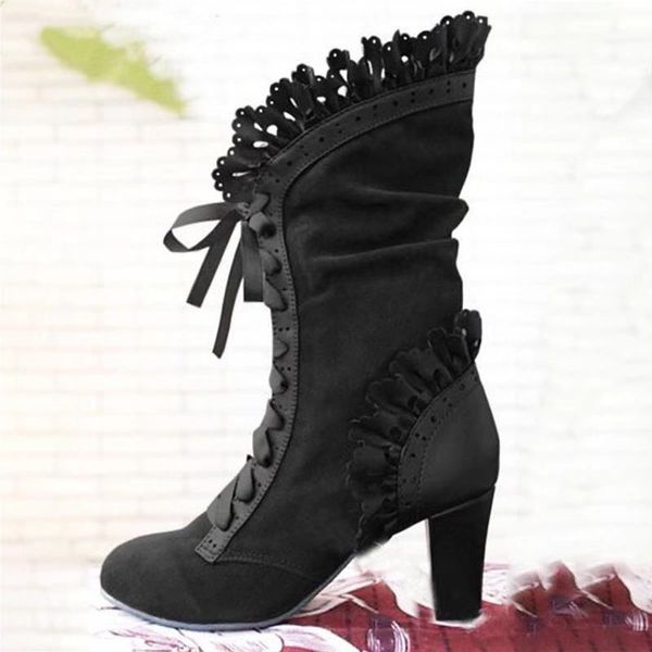 

2020 women lace women's high heel middle tube boots botas zapatos mujer retro leather winter shoes booties cowboy botas mujer, Black
