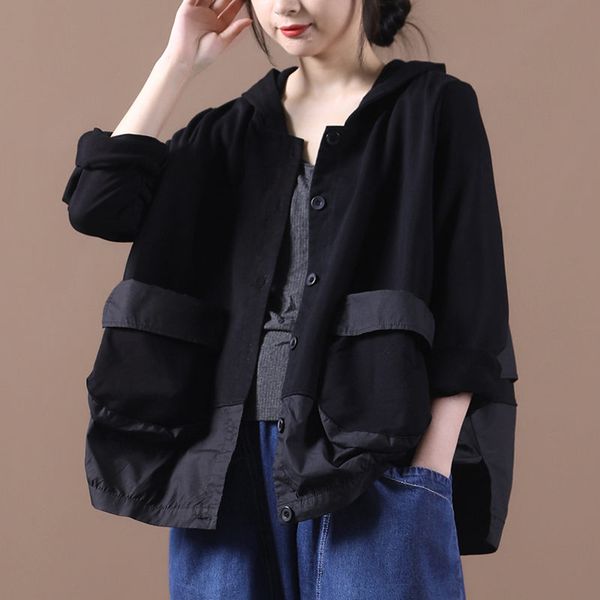 

autumn jacket 2020 new female korean loose pocket stitching casual coat single breasted ladies short sweatshirt and hoodie k1259, Black
