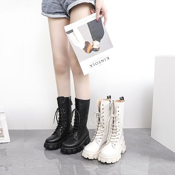 

boots for women autumn 2020 new fashion womens black white boots platform solid color lace-up low size 34-39