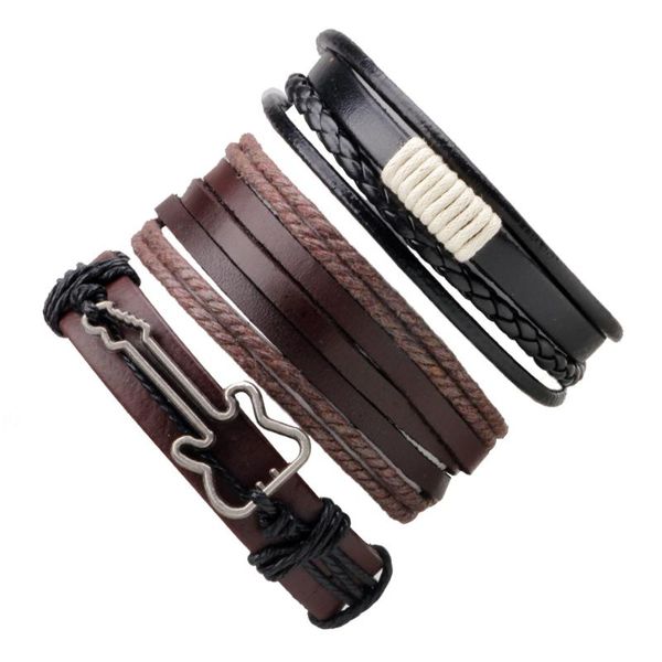 

guitar vintage genuine leather men's bracelet braid rope chain multi-layer punk hip hop bangle for boyfriend gifts wholesale, Golden;silver