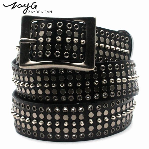 

zayg punk leather man and woman belts metal rivets white black genuine leather belts fashion luxury pin buckle straps, Black;brown