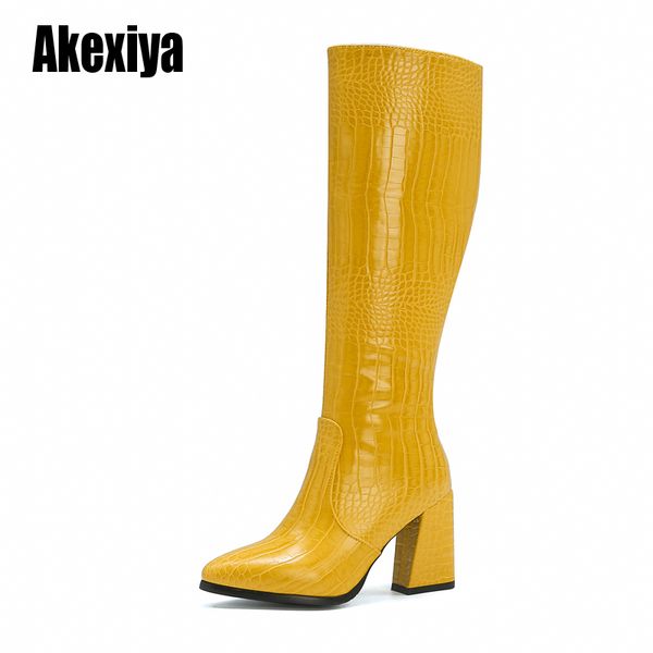 

2020 square high heel pu leather slip on leisure women shoes winter warm fur fashion pointed toe knee high boots size34-43 u815, Black