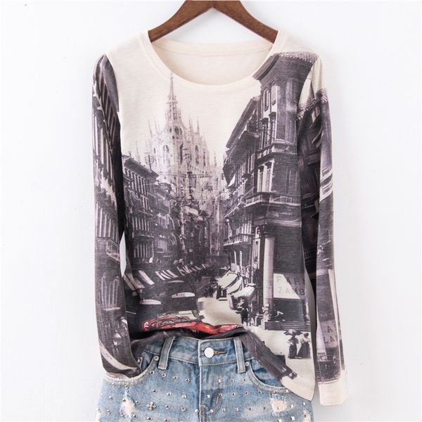 

fashion building double print slim t shirt women 2020 new arrival o-neck long sleeve plus size -4xl, White
