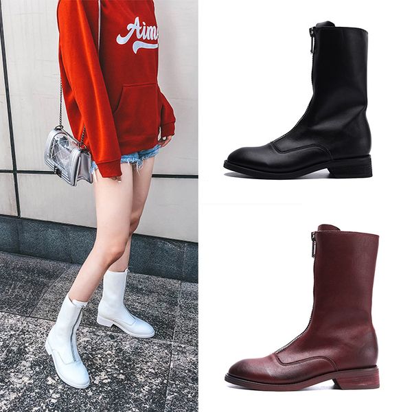 

women's vintage boots with front and back zip leather short boots, Black