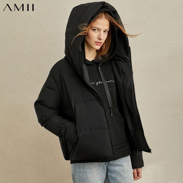 

amii fashion 90% white duck down jacket winter casual solid loose hooded long sleeve zipper female down coat 11960129, Black;white
