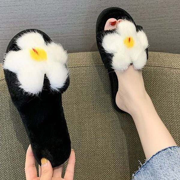 

женщины квартиры дом тапочки зимний теплый милый цветок повседневная обувь женщина скольжения на слайдах женский искусственного меха тапочки, Black
