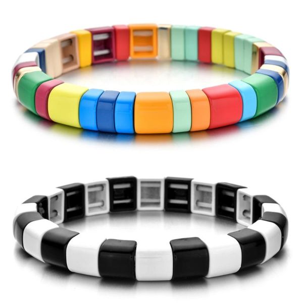 

new fashion factory outlet round beads bohemian style handmade rainbow enamel tile bracelet colorful painted metal, Black