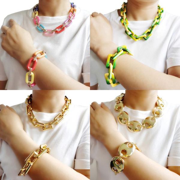 

bohemian punk acrylic chain necklace and bracelet set fashion selling colorful choker collar jewelry set for women gift, Silver