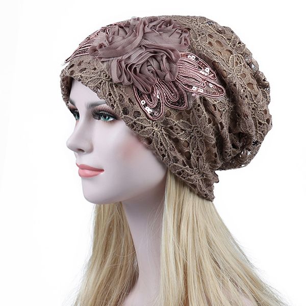 

fashion hollow sequin bow flower knit hat autumn winter hood warm beanies for women windproof pregnant caps, Blue;gray