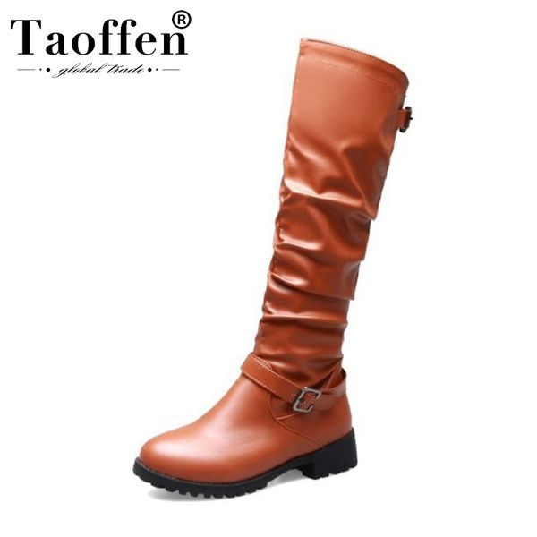 

taoffen big size 33-46 knee high knight boots for women low heel buckle strap footwear winter short plush warm shoes, Black