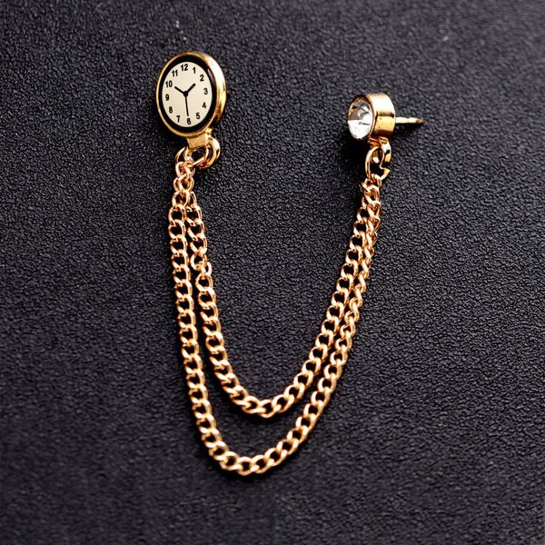 

original korean trend clock brooches pins badge gold chain medal brooch tide male suit collar lapel pin men jewelry accessories, Gray