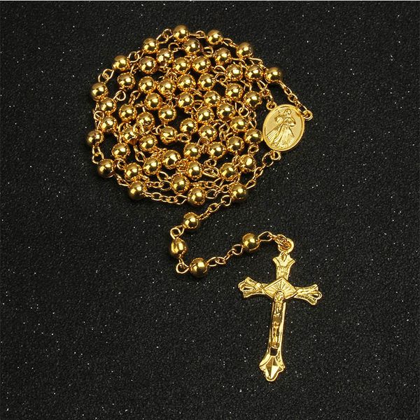 

catholic 6mm gold imitation rose gold necklace cross necklace rosary beautiful cross hanging pendant rose, Silver