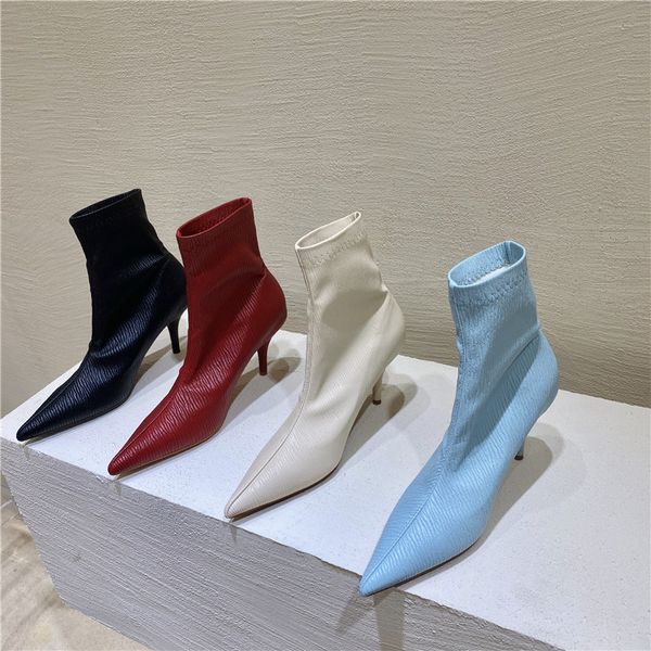 

dxfan pointed toe stretch pu pleated sock boots women slip on high heel boots women brand design ankle for, Black