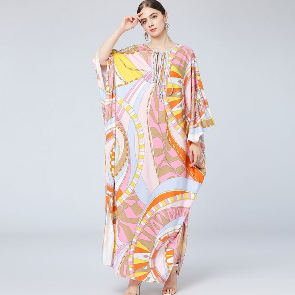 

women's runway loose design autumn dresses lace up batwing sleeves multicolor printed elegant high street boho maxi dresses, Black