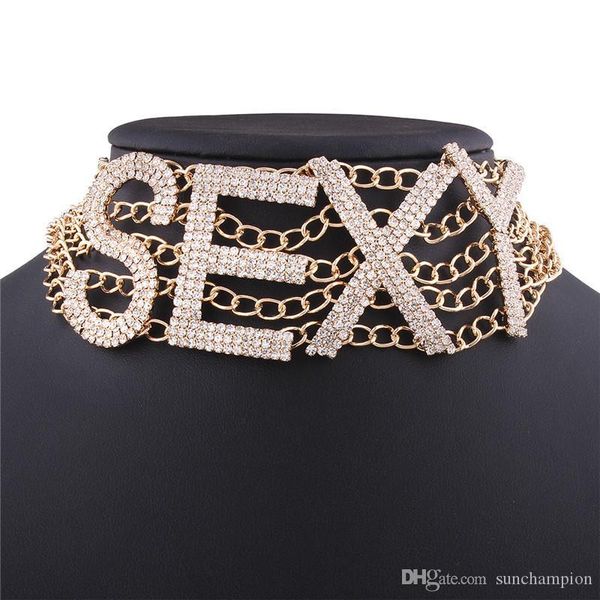 

letter neck necklace fashion luxury diamond necklace hip hop personality lady designer necklace sale, Golden;silver