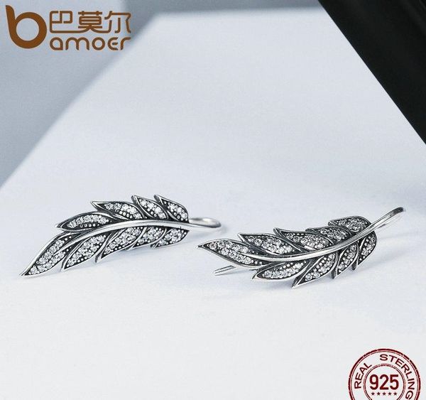 

bamoer fashion 925 sterling silver vintage feather wings long drop earrings for women sterling silver jewelry brincos sce21501, Golden;silver