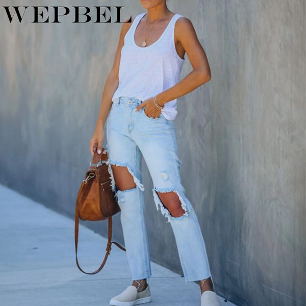 

мода wepbel джинсы женские омывается vintage denim брюки прямые summer solid color hole отбеленные рваные mid талией джинсы, Blue