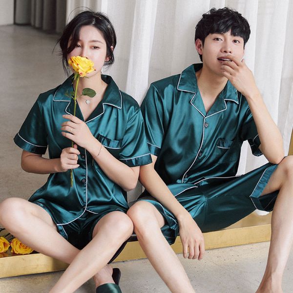 

women's sleepwear summer faux silk couple pajamas nightwear women set soft and comfortable simple pure color leisure short sleeves, Black;red