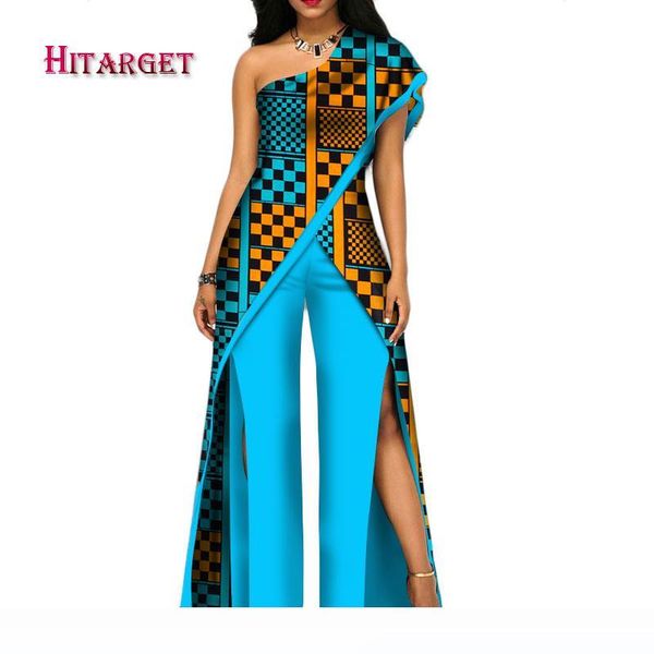 

2018 new autumn african pant set for women off shoulder jumpsuit dashiki clothing batik wax printing pure cotton wy2373, Black;white