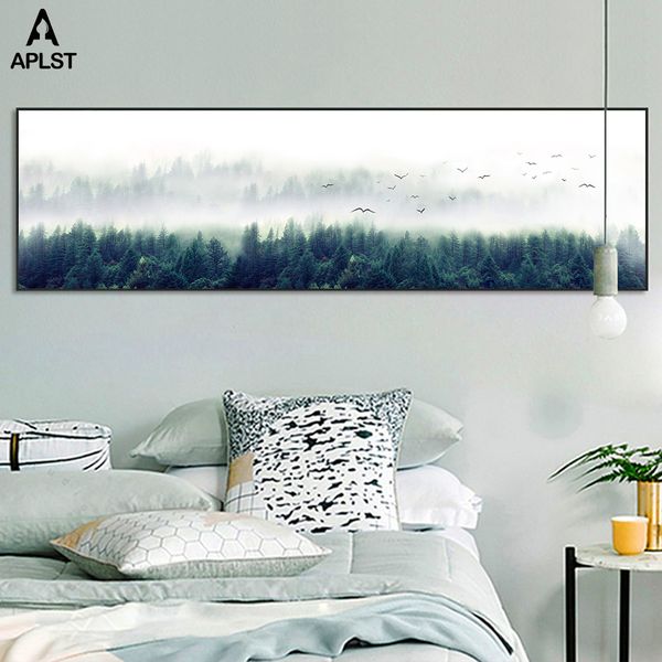 

nordic mountain туманный лес природа печати poster скандинавские дерево птицы холст картины декоративный рисунок стены искусства для спальни