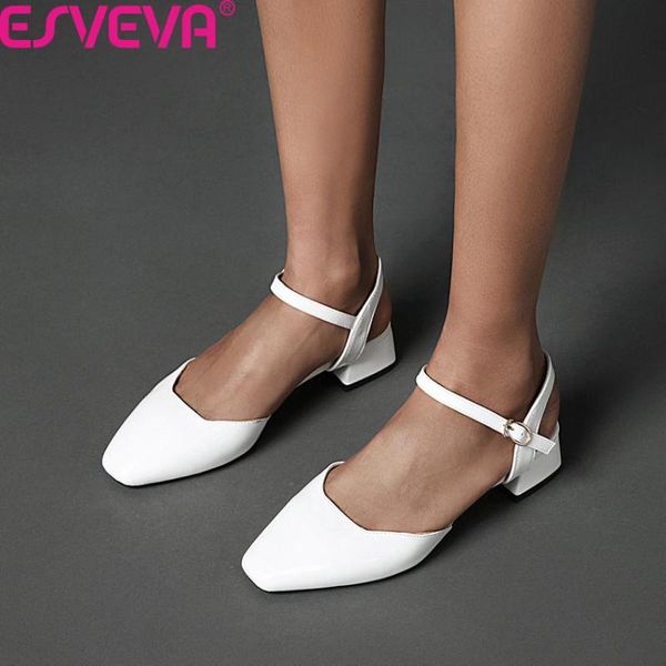 

esveva 2020 square heel summer women shoes slingback fashion buckle sandals square toe pu leather ladies pumps big size 34-43, Black