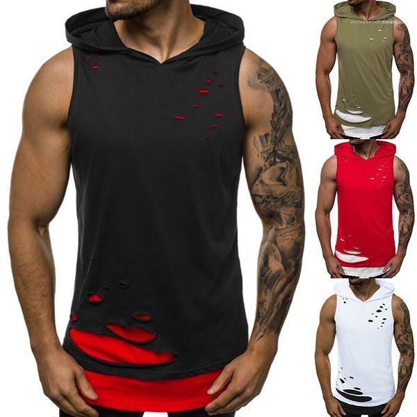 

t-shirt fashion casual teenagers tees summer mens t-shirts shredded personality designers hooded mens sleeveless, White;black